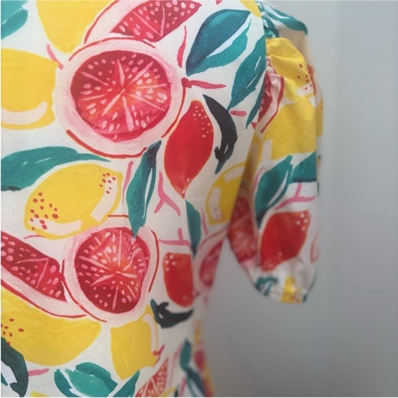 Donna Morgan Midi Dress Tiered Puff Sleeve A Line Picnic Cotton Yellow Size 6 - Picture 10 of 13